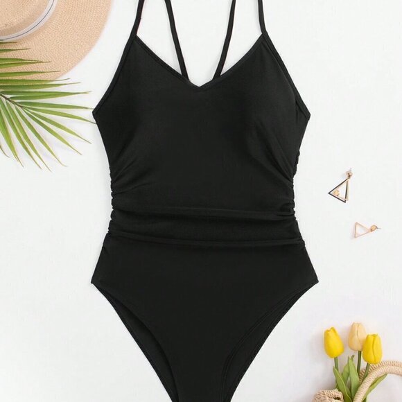 Black Women's Summer Beach Cut Out Ring Linked One Piece Swimsuit - Picture 6 of 8